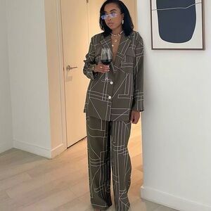 Zara Olive Dark Green Geometric Pantsuit - Top and Bottom